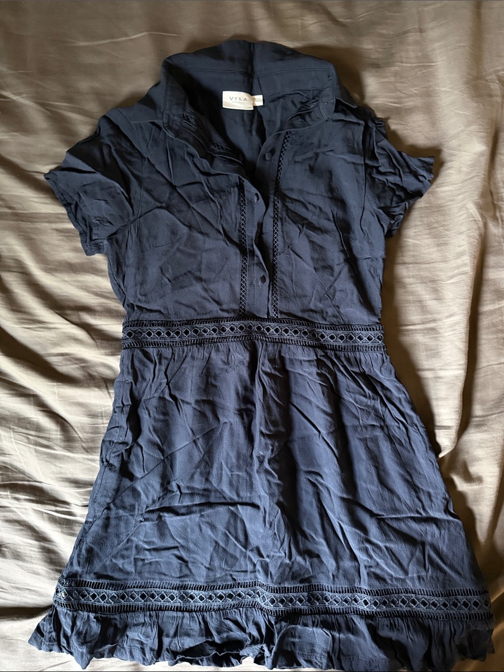 VILA Navy Short-Sleeve Lace-Trim Mini Dress
